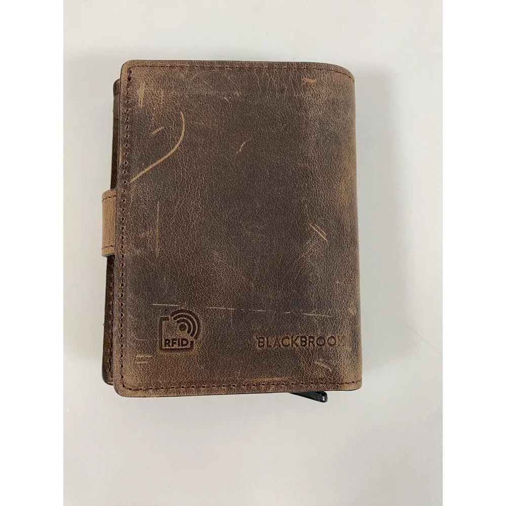 BlackBrook Wallet Mens Brown Leather RFID Bifold Card Holder Pop Up‎ Snap ID